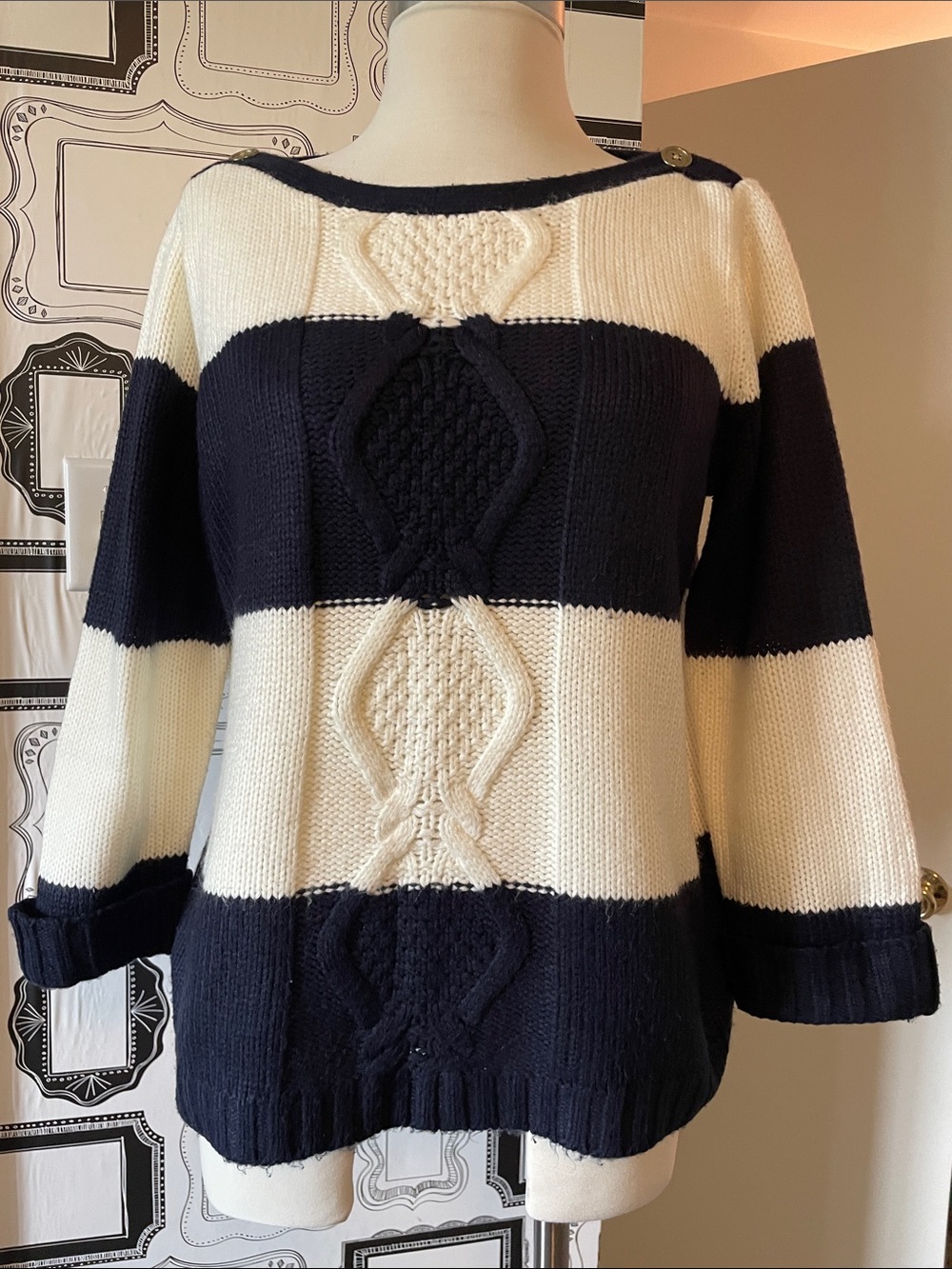 The Limited Navy & Cream Striped Cable Front Boatneck Sweater